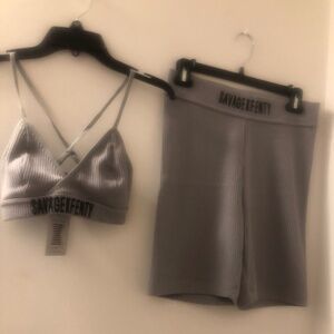 Savage X Fenty Essential Heavy Rib Logo Bike Short Set, color deep gray Top S,